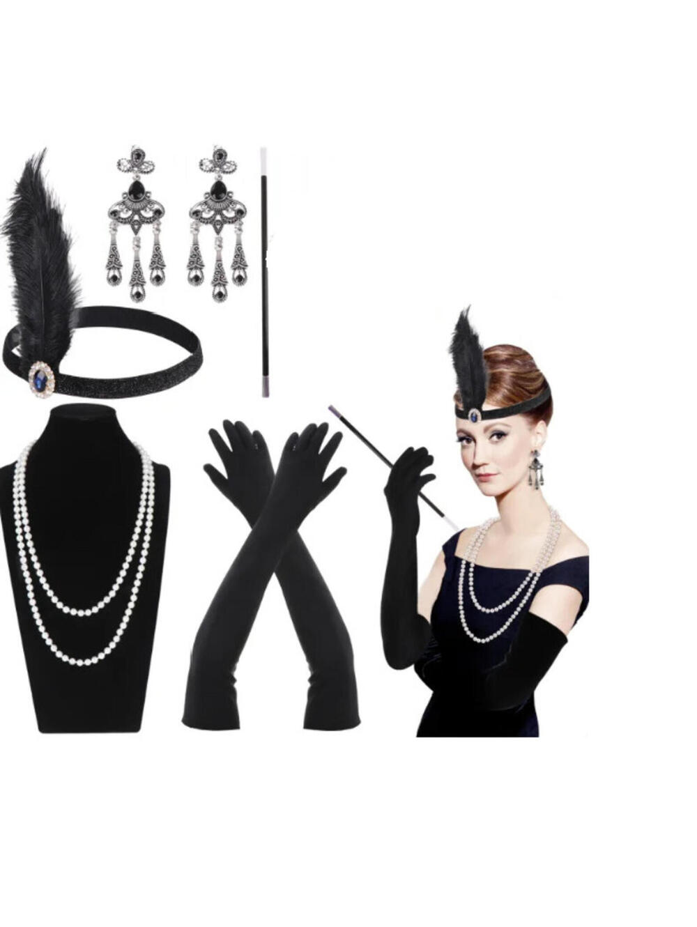1920s Gatsby Accessories Set Women 1920s Costume Gloves Headband Stocking Style1